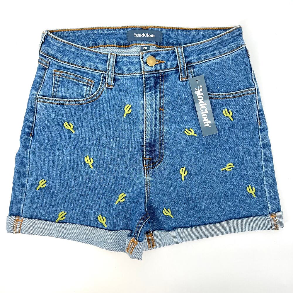NEW Modcloth Cactus Embroidered Prickle My Fancy High Rise Jean Shorts Size 28